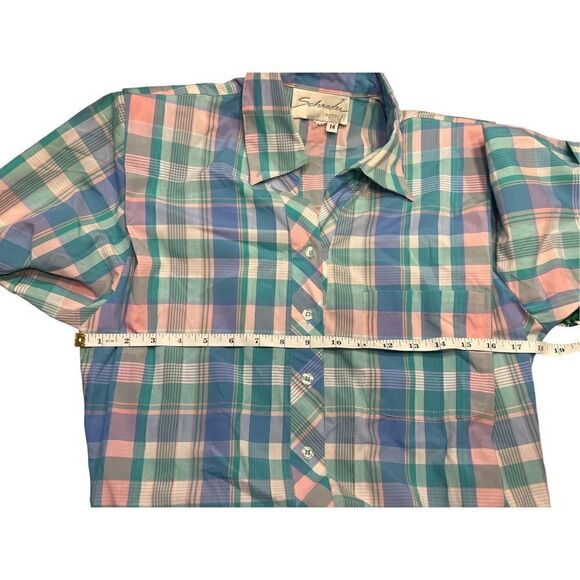 80’s Schrader pastel plaid pink blue button up short sleeve dress 14P - Picture 4 of 5